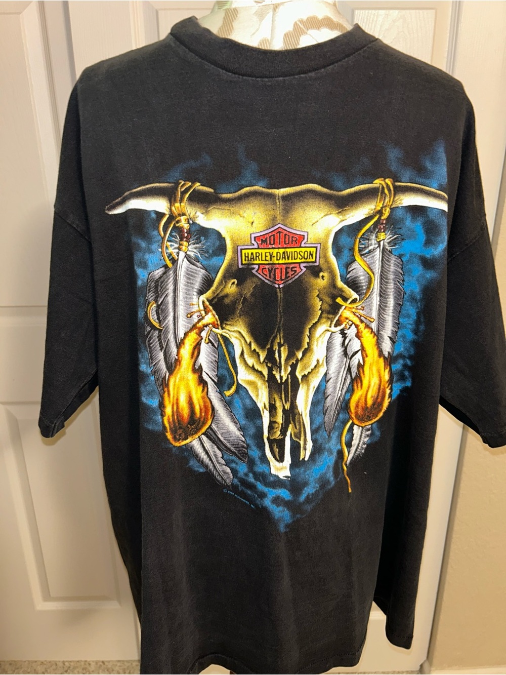 Harley-Davidson Black Tee with Yellow Skull and Blue Accent Graphics